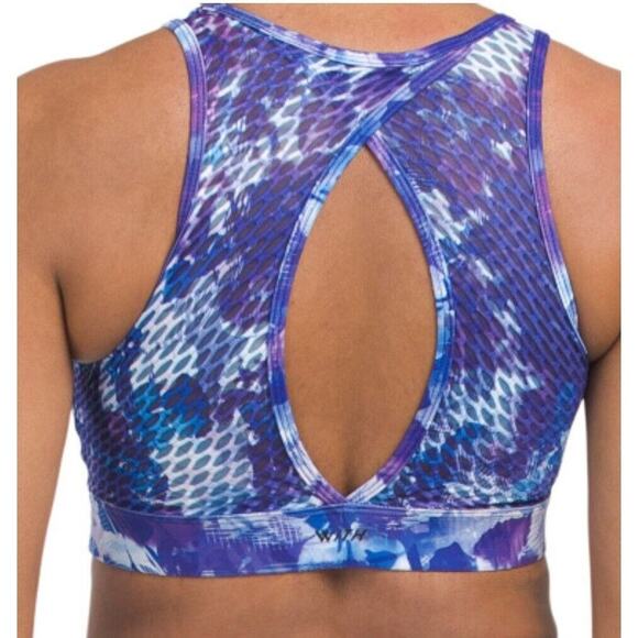 Peloton Womens High Neck Sports Bra Top Blue Purple Print Keyhole Back Size S - Picture 2 of 13